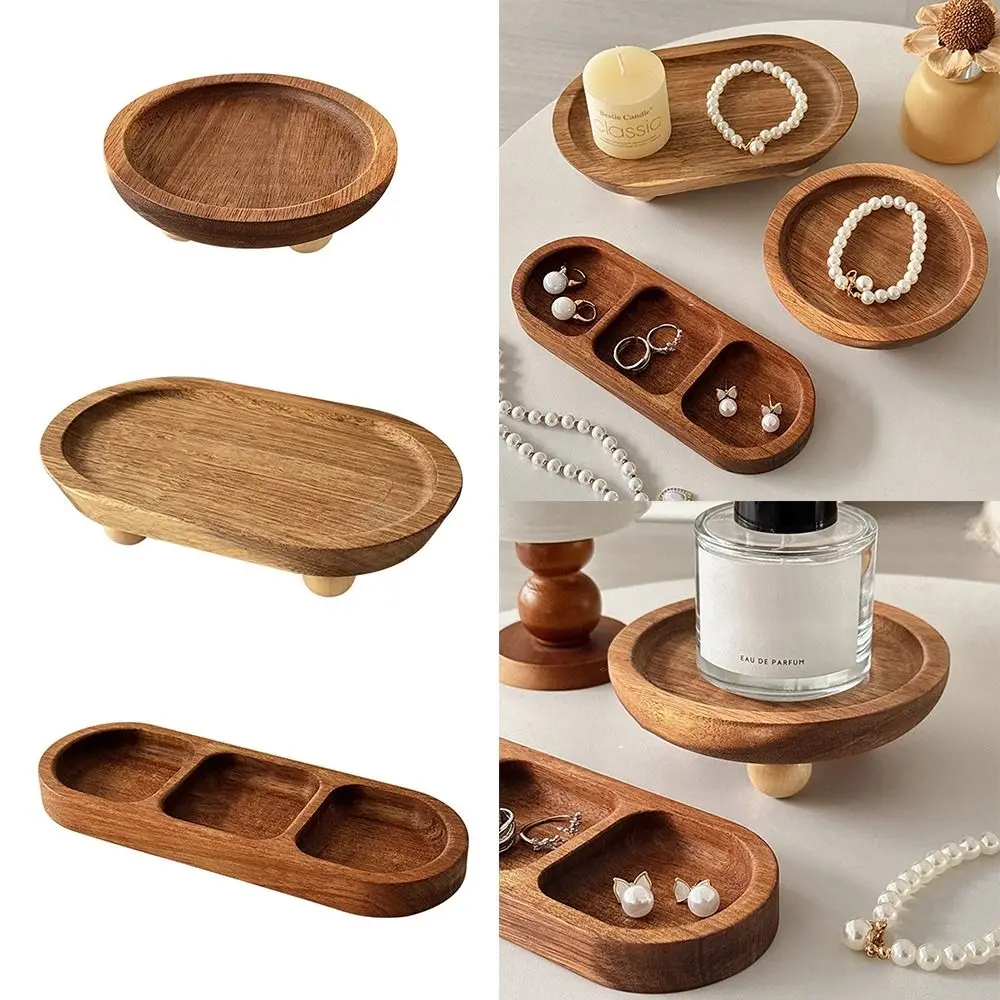 Creative Brown Jewellery Display Trays Wood Round Oval Display Plate Perfume Organizier Desktop Candle Storage Rack Tabletop