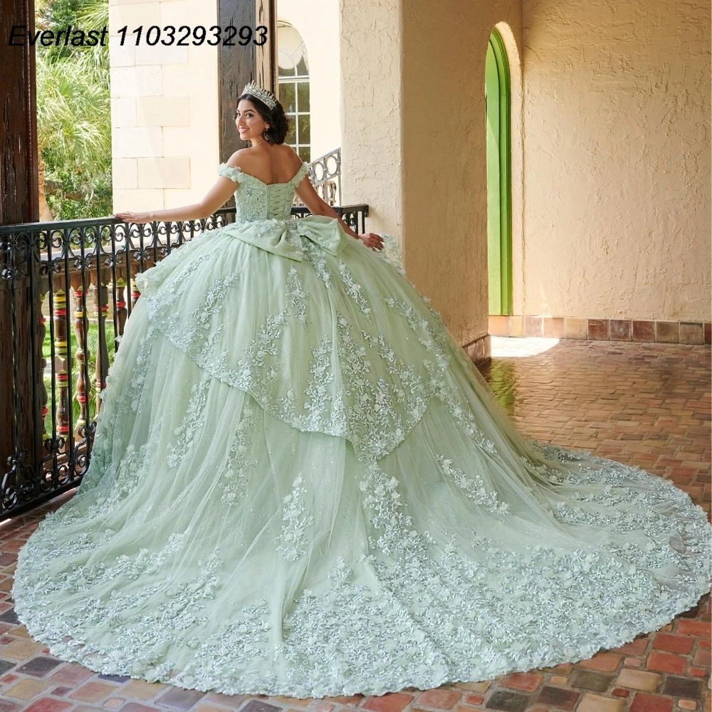 EVLAST Customized Sage Green Quinceanera Dress Ball Gown Floral Lace Applique Beading Tiered Sweet 16 Vestido De 15 Anos E1Q24