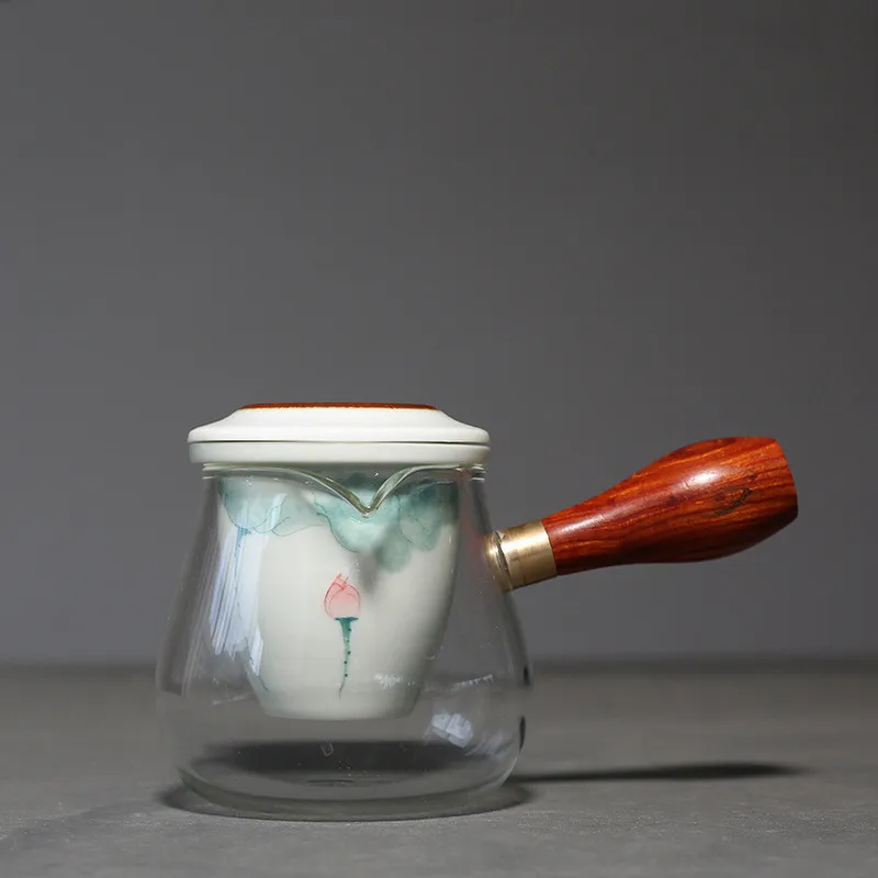 

Hand-painted Pink Green Lotus Simple Glass Stainless Steel Filter Brewing Ceramic Household Wooden Handle Tea Pot Kung F