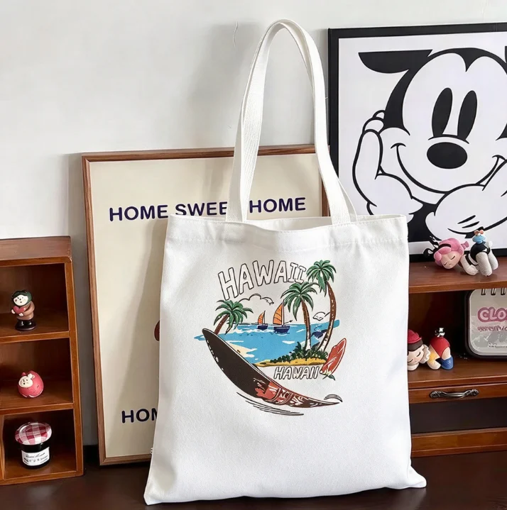 2026 Retro Hawaii Island Scenery Canvas Tote Bag Palm Tree Surfboard Graphic Large Shoulder Handbag Shopping Bag