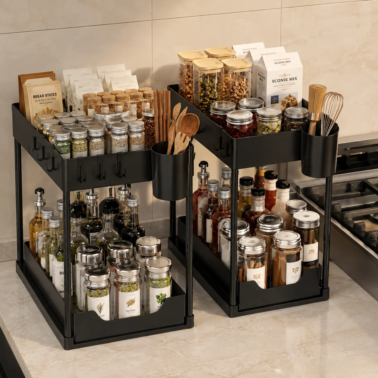 Under Sink Organizer,1/2 Pack 2-Tier Pull-Out Sliding Cabinet Basket,Antirust Carbon Steel Tube,With 5 Hooks & 2 Hanging Cups,Hollow Drain Design Prevent Water Accumulation,Stable Structure Deformation Resistant,Kitchen,Bathroom,Black