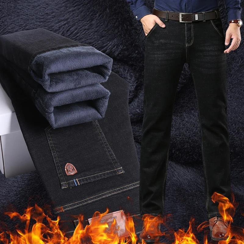 Jeans caldi da uomo Nuovo stile invernale Stile classico Business Denim Casual Addensare Pantaloni in denim slim fit Pantaloni elastici blu neri
