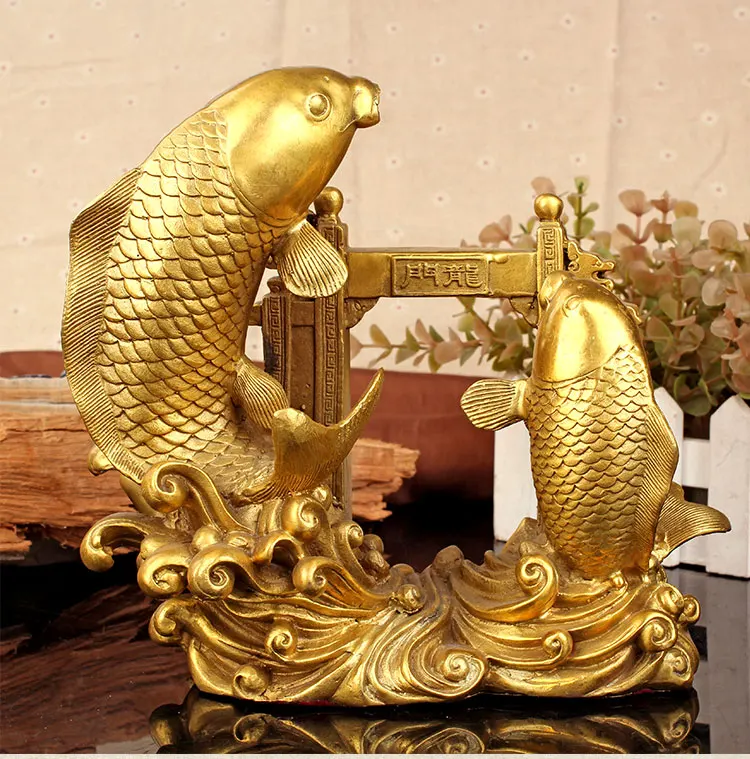 TOP GOOD Bring in wealth treasure office Money Drawing Talisman # Gold fish Jumping over Dragon Gate FENG SHUI Brass statue