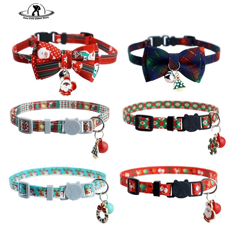 Adjustable Cat Collar Christmas Pet Collar with Bells and Bows Small Pendant Decoration To Prevent Getting Lost for Cats Puppies