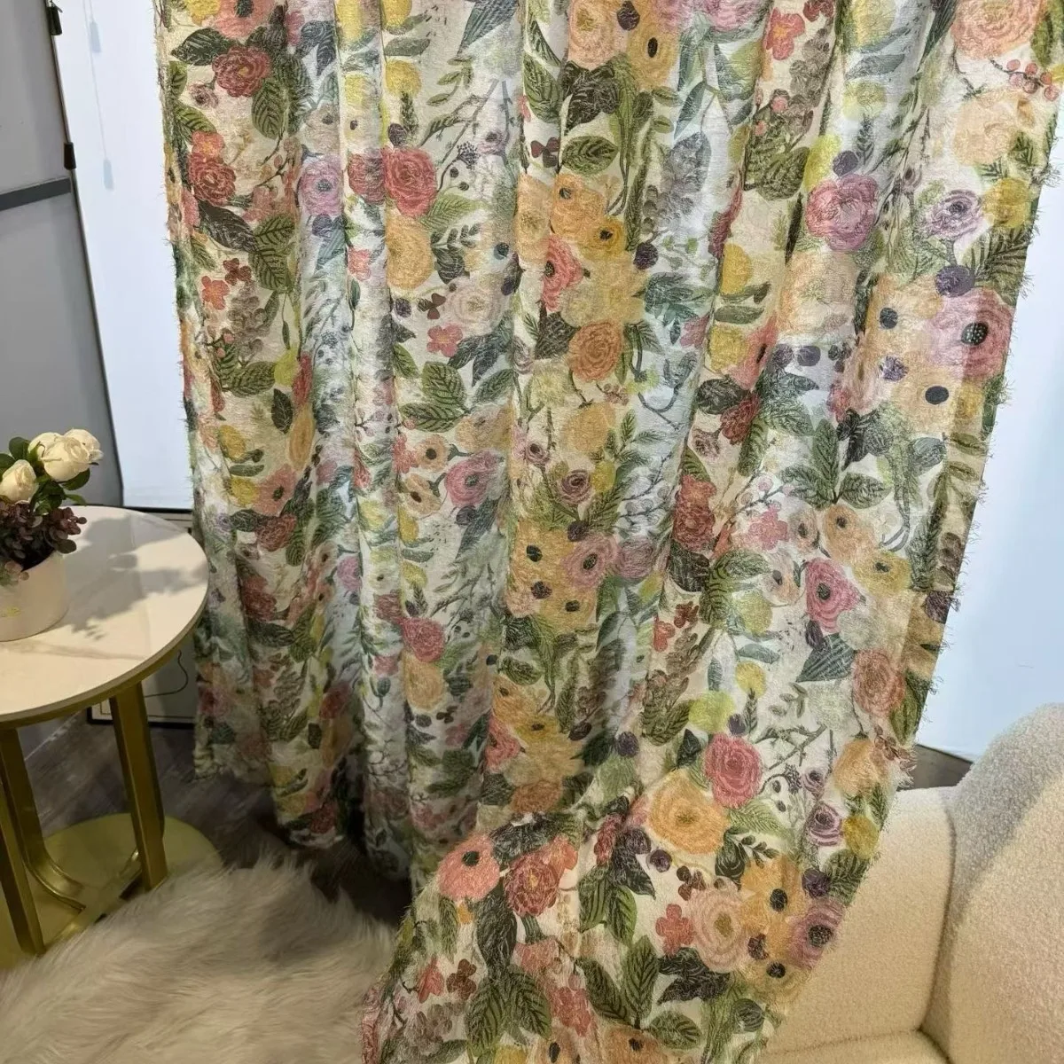 Custom Size American Retro Pastoral Style Cut Flower Curtains Living Room High-end Gauze Curtains French Style Window Decor Door
