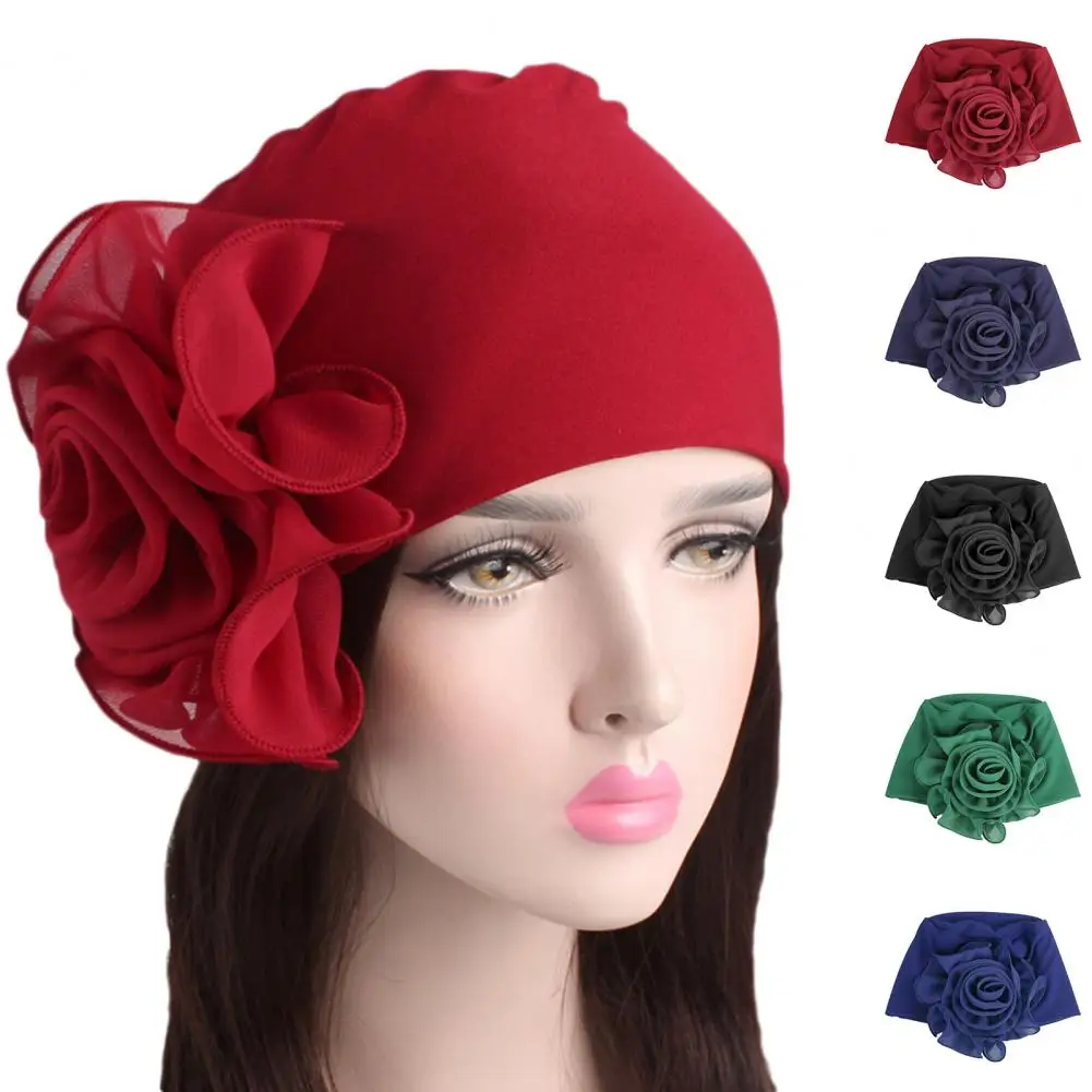 Turban Cap Solid Color Large Flower Beanie Headwrap Autumn Winter Brimless Pure Color Scarf Hat For Spa Женская Шляпа 여성용 모자