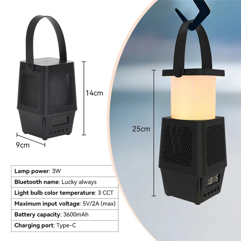 

ABGG-Alarm Clock Wireless Bluetooth Speaker Rechargeable Led Lamp Portable Camping Lantern For Travel,Outdoor Camping