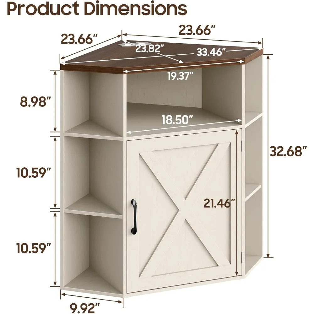 Vabches Farmhouse Corner Cabinet, Off White Corner Storage Shelf for Bathroom, Kitchen, Living Room