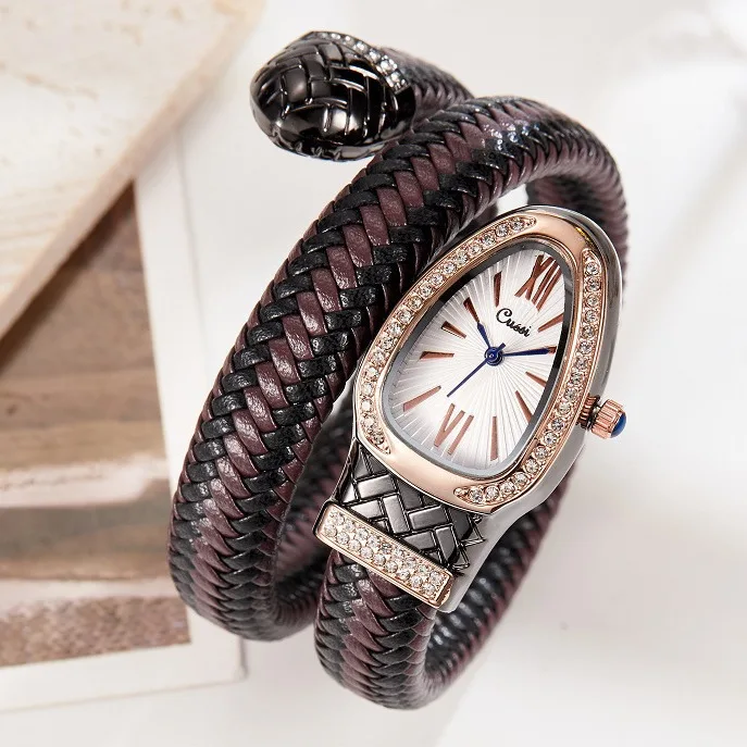 Snake Shape Women Quartz Watch, Rhinestone Inlaid Leather Strap Fashion Unique Ladies Wristwatch