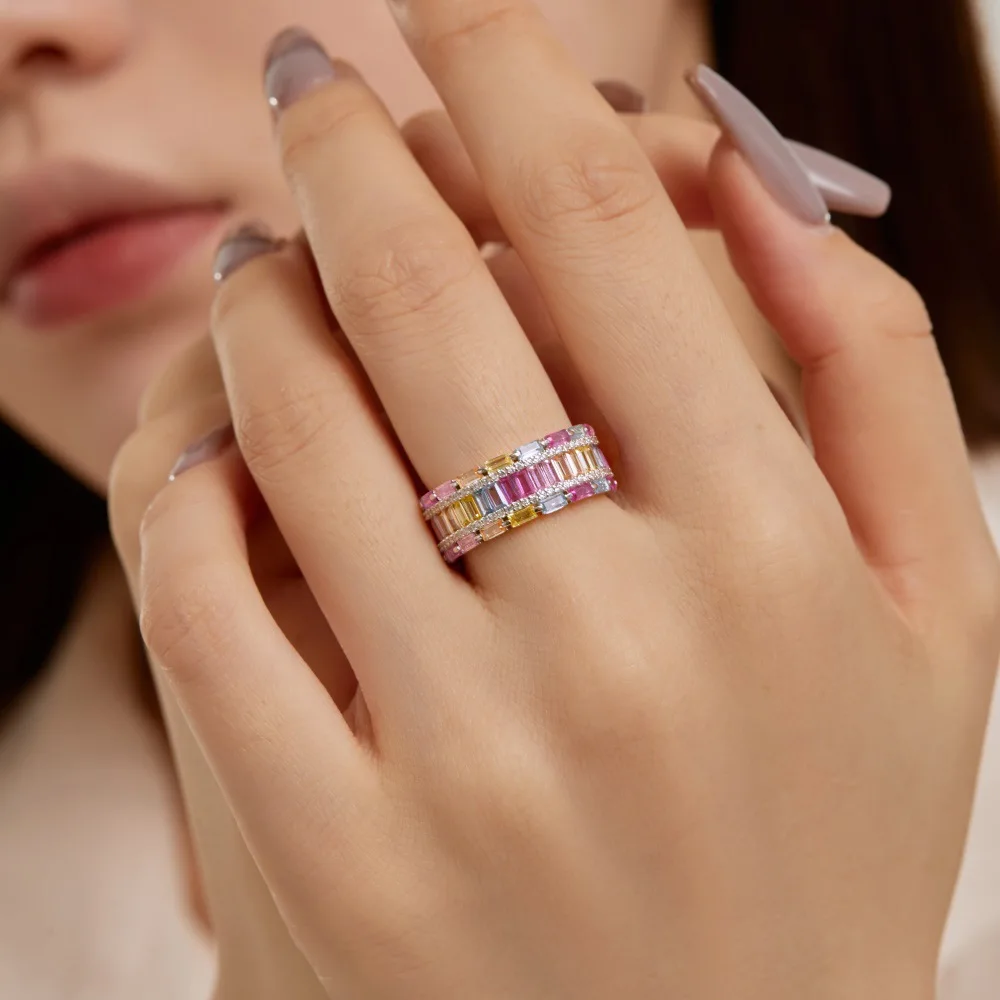 Korean S925 Sterling Silver Women's Closed Ring New  Full Diamond Color Zirconia Inlaid Fashion Design Sense Female