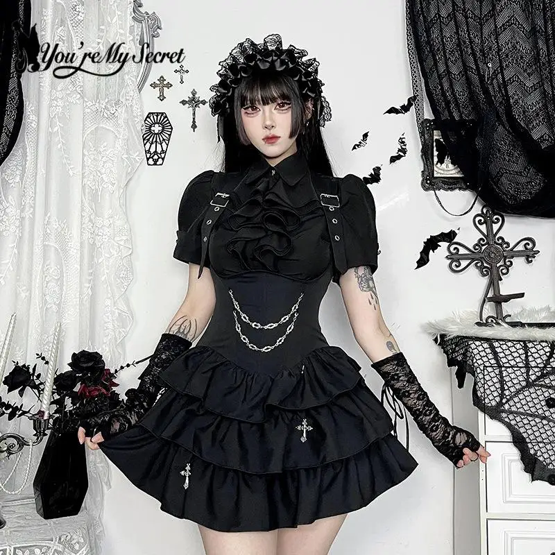 [You're My Secret] Vestidos góticos retrô femininos, preto, babado, em camadas, bodycon, top slim, y2k, estilo japonês, vestido 2025