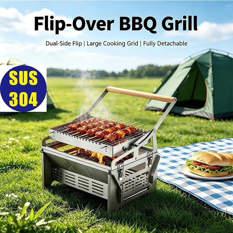 304 Stainless Steel Removable Flip Charcoal Grill Household Outdoor Grill for Perfect Barbecue Cooking