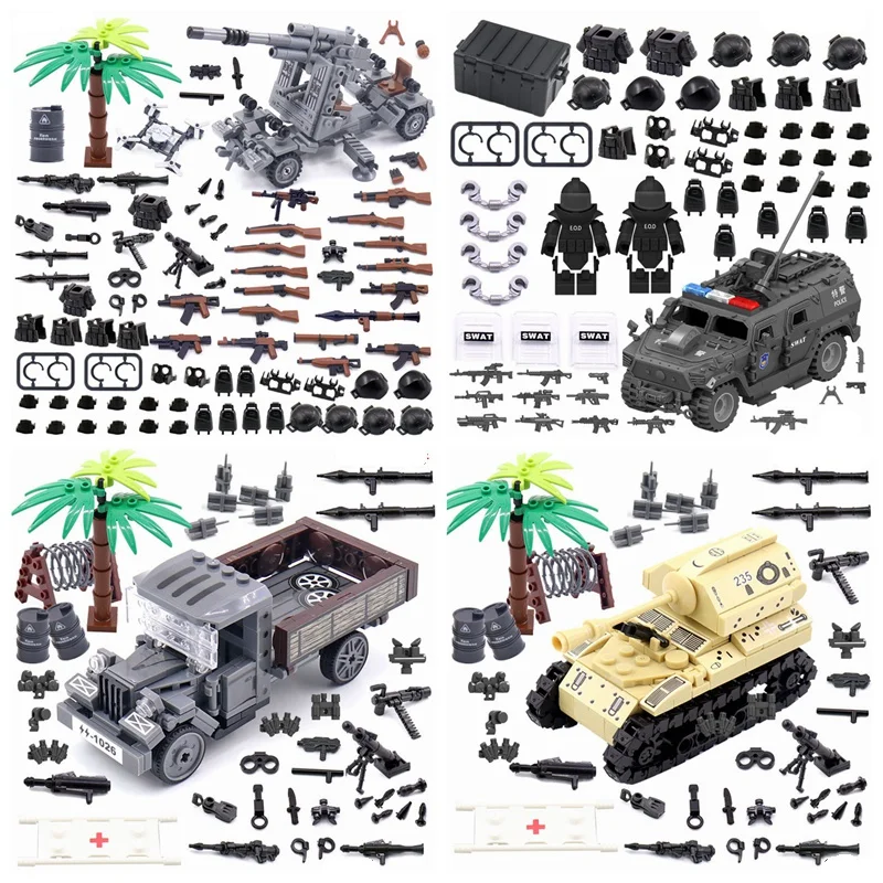 GSBAN Military SWAT Tank Pickup Vehicle Weapon Artillery Guns Toy MOC Set Building Blocks Kits Toys for Children Kids Gifts