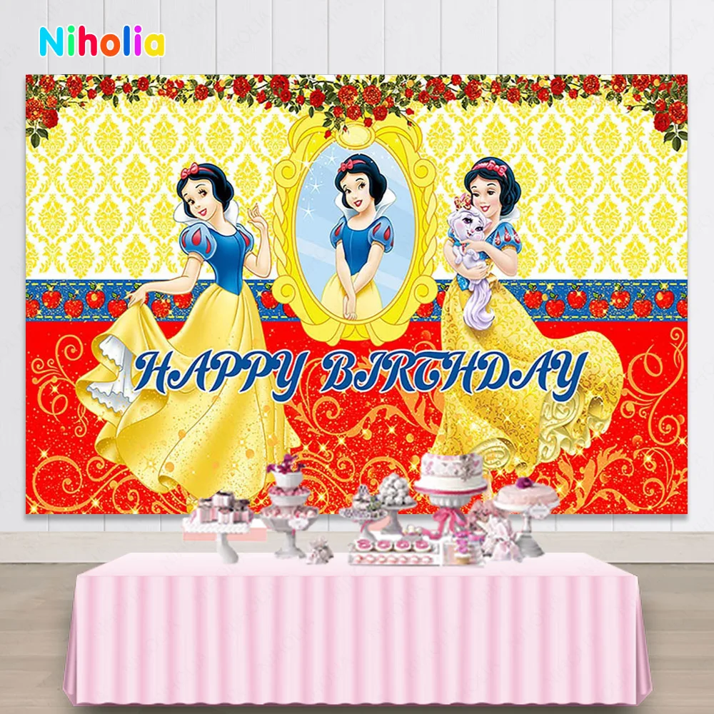 Disney Snow White Princess Background Decor Kids Girl Birthday Party Backdrop Seven Dwarfs Baby Shower Room Photo Banner Poster