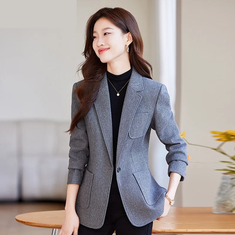 New Women Formal Blazer For Autumn Winter Ladies Long Sleeve Pocket Single Button Slim Jacket Coat Female Outerwear Casual Tops