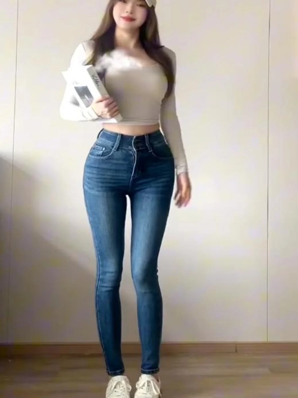 

Deep Blue Skinny Jeans Women's High Waist Tight Fit Elastic Waed Denim Casual Sle Cotton Stretch Fabric Long Pants