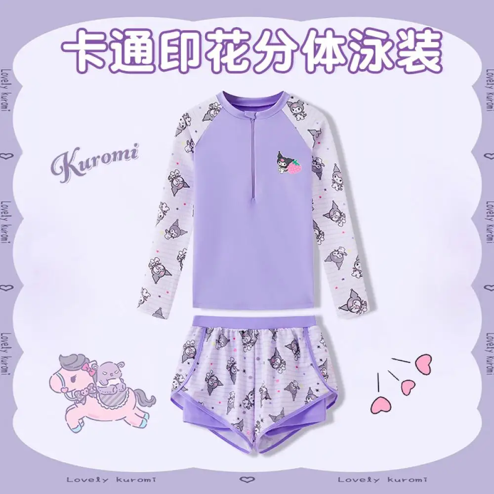 

Детский купальник Kuromi Sanrios, шорты с длинными рукавами и героями мультфильмов для девочек, быстросохнущие купальники, пляжная одежда с разделенным солнцезащитным кремом для милых отпуска