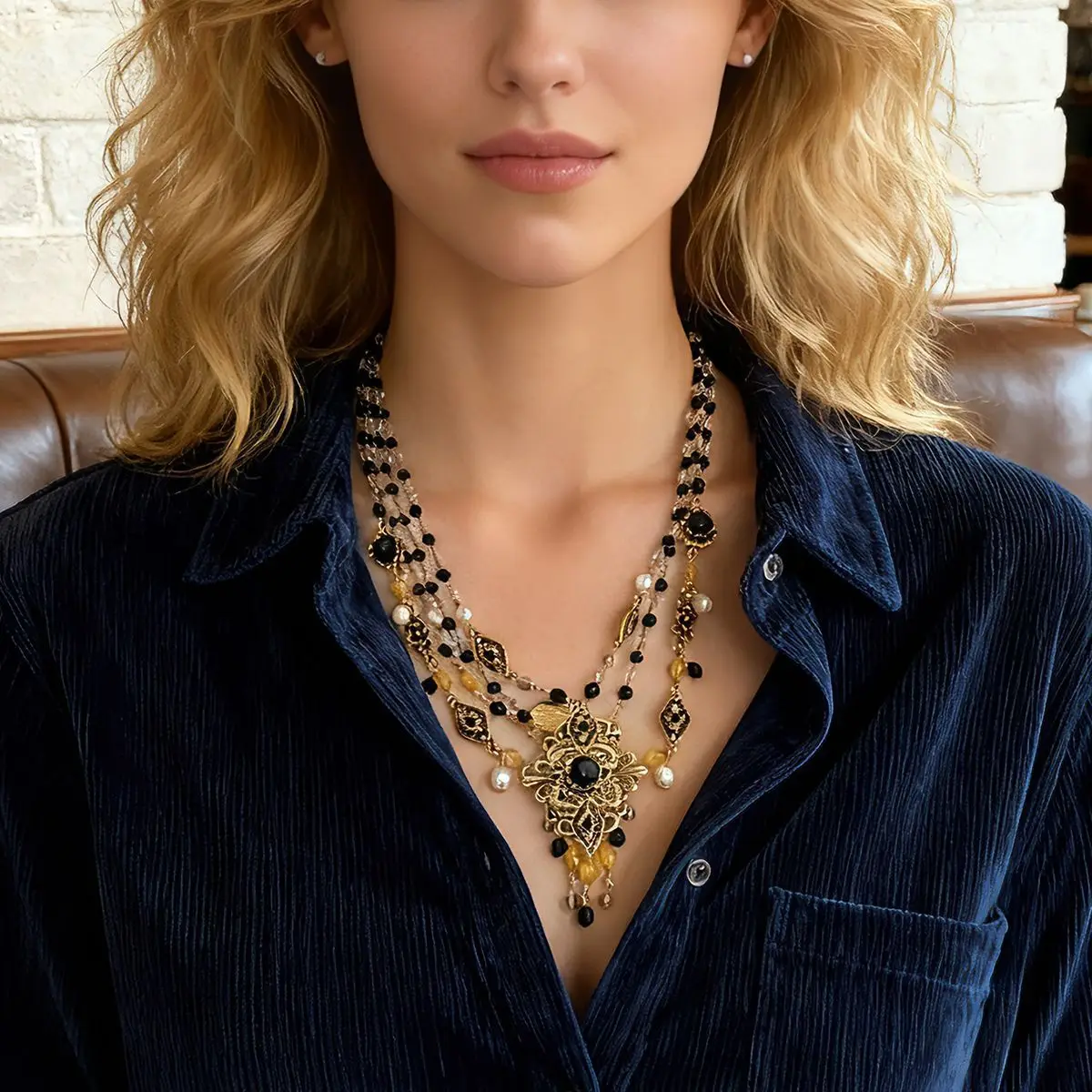 

ZAA Vintage Design Beaded Head Neck Jewelry Two Styles of Wearing Pendant Necklaces for Women Banquet Party Accessories