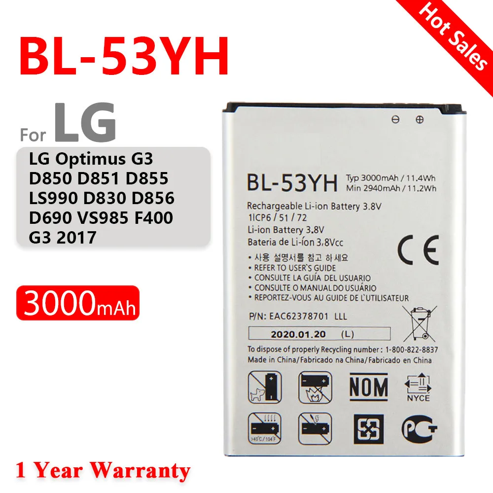 100% Original 3000mAh BL-53YH Phone Battery For LG Optimus G3 D830 D850 D851 D855 LS990 VS985 F400 LG G3 Phone Battery