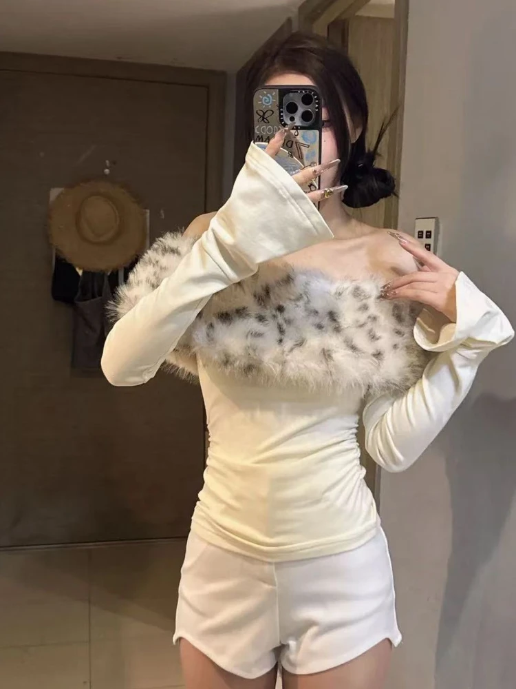 Y2K Aesthetic Off Shoulder Crop Tops Retro Leopard Fur Trim Long Sleeve Sexy Slim Streetwear Christmas New Year Party Fashion