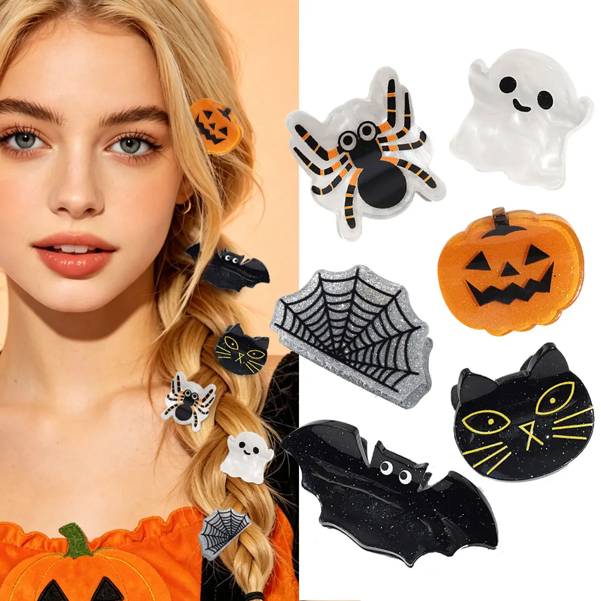 Halloween Hair Claw Clips Set, Pumpkin Ghost Spider Bat Black Cat Shape Plastic Hair Clips for Party Cosplay Hair Accessories