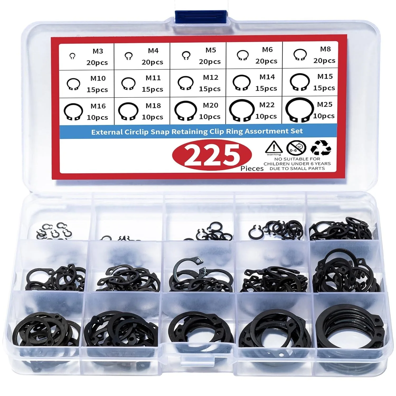 255Pcs External Retaining Ring Circlip Assortment Kit External C Clip Set 304 Manganese Steel 15 Sizes M3-25