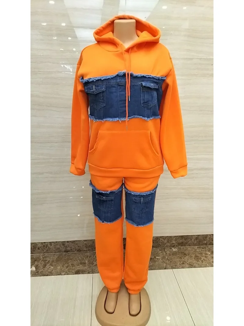 

2 Piece Women Set Dashiki African Clothes Spring Autumn New Fashion Long Sleeve Denim Top And Pants Suit Party Matching Sets