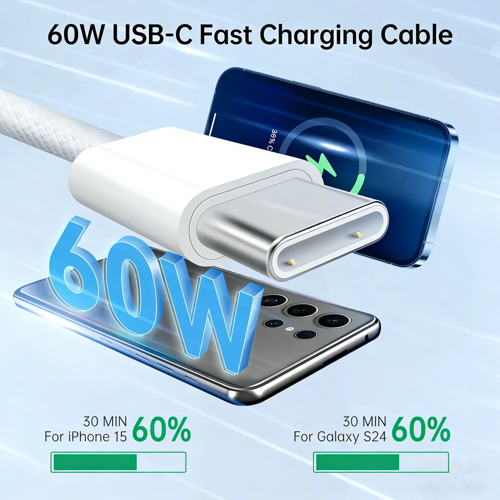 60W USB C Braided Fast Charge Cable For iPhone 15 16 Plus 15 16 17 Pro Max 16e Air Type C Quick Charging Weaving Cables With Box