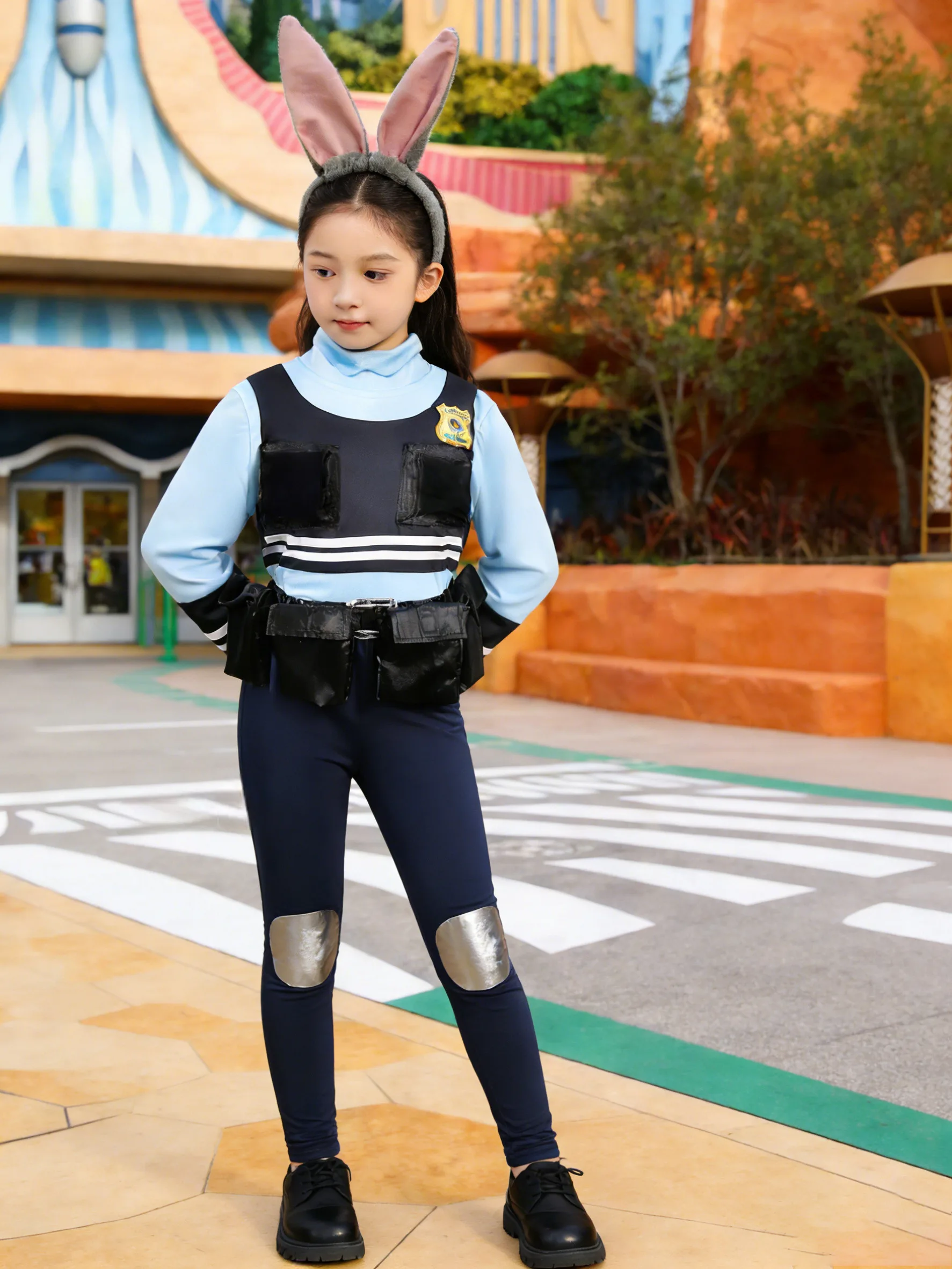 

Girls' Outfit: 1 Light Blue Top + 1 Dark Blue Long Pants + 1 Headband with Bunny Ears, with Four Pockets on the Waistband, Unique and Creative, Girls' Halloween and Various Carnival Festival Party Performance Costumes