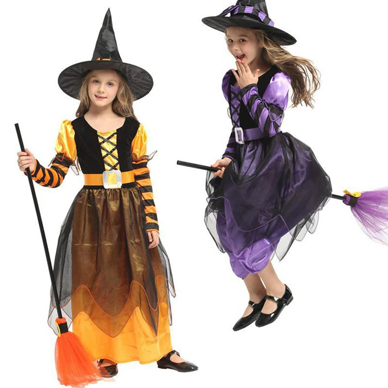 Girls Classic Witch Black Purple Layer Tulle Dress Full Accessories Halloween Carnival Kids Cosplay Party Outfit