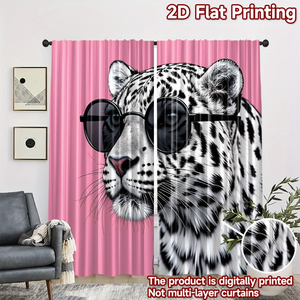 Cool Leopard Glasses Window Curtain 2 Panels,Stylish Spotted Snow Cat Sunglasses Print Soft Pink Tone Bedroom Home Decor Curtain
