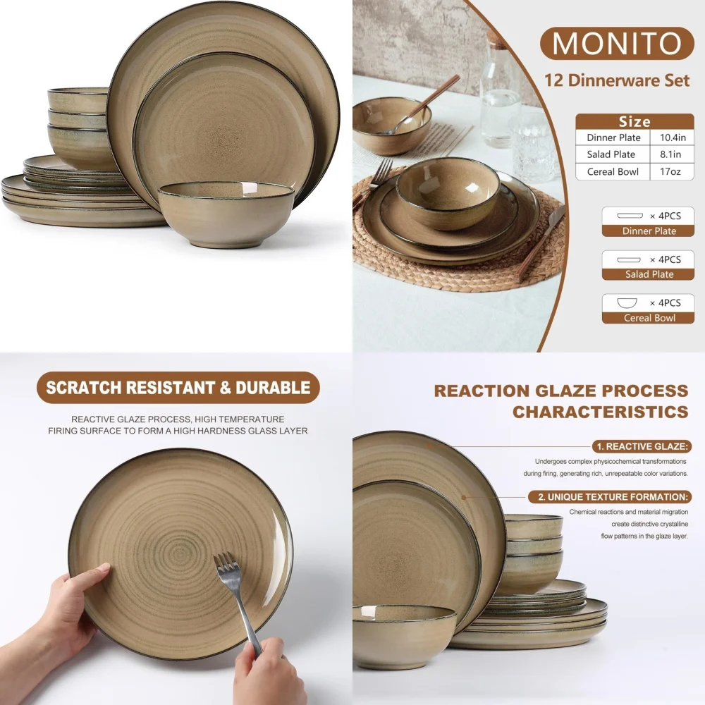 

Ceramic Tableware Set12 Piece Hand Painted Ceramic Dinnerware Set for 4 Stoneware Plates and Bowls