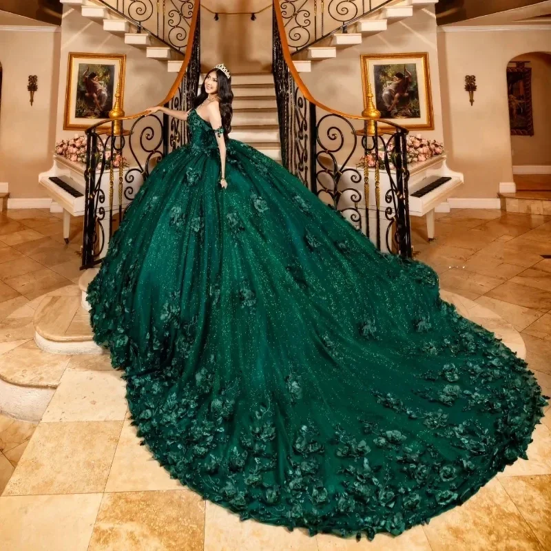 

Elegant Emerald Green Beads 3D Flowers Ball Gown Quinceanera Dresses Off The Shoulder Tulle Birthday Gowns Lace Up Sweet Vestido