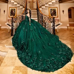 Elegant Emerald Green Beads 3D Flowers Ball Gown Quinceanera Dresses Off The Shoulder Tulle Birthday Gowns Lace Up Sweet Vestido