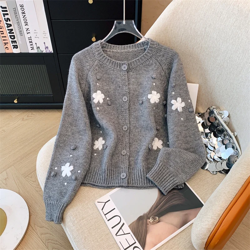 Flower Embroidery Knit Sweater Cardigan Women 2024 Winter Long Sleeve O-neck Knitwear Tops Elegant Vintage Stylish Chic Jumpers