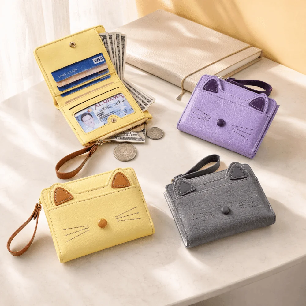 Cute Cartoon Cat Wallet Multicolor Pu Leather Card Bag Multi Card Position Zipper Closure Coin Purse for Students