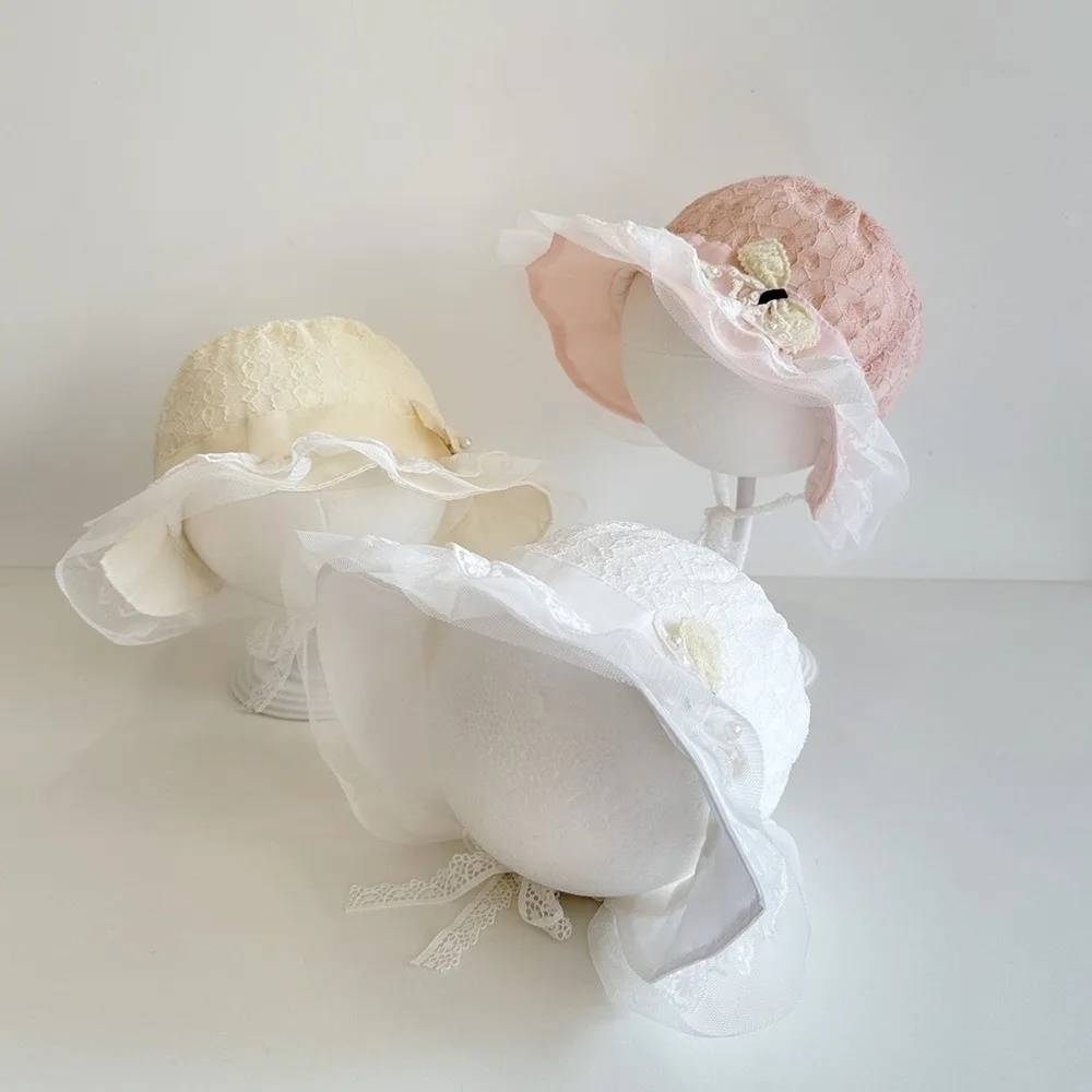 

Новая регулируемая детская панамка от солнца с жемчужным бантом, мягким козырьком, защитой от УФ-лучей, тонкая, дышащая, с кружевными цветами, для малышей, летняя