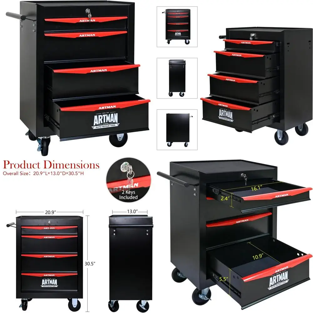 

Стальной шкаф для инструментов с 4 ящиками и запирающим механизмом - черный и красный