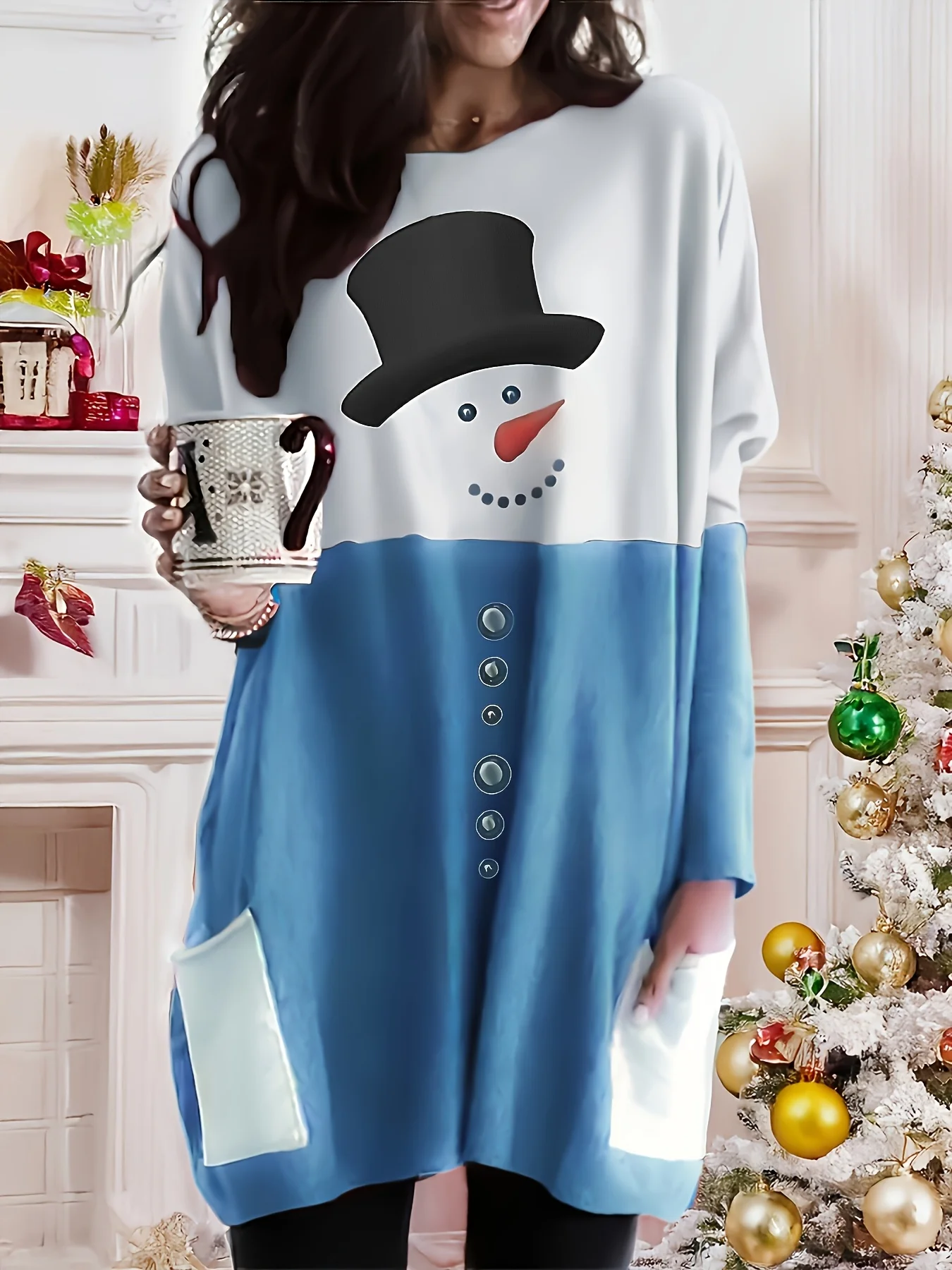 Dulce Xiaofu Otoño e Invierno Edición limitada Vestido casual de manga larga con estampado de muñeco de nieve navideño de talla grande, traje festivo para vacaciones