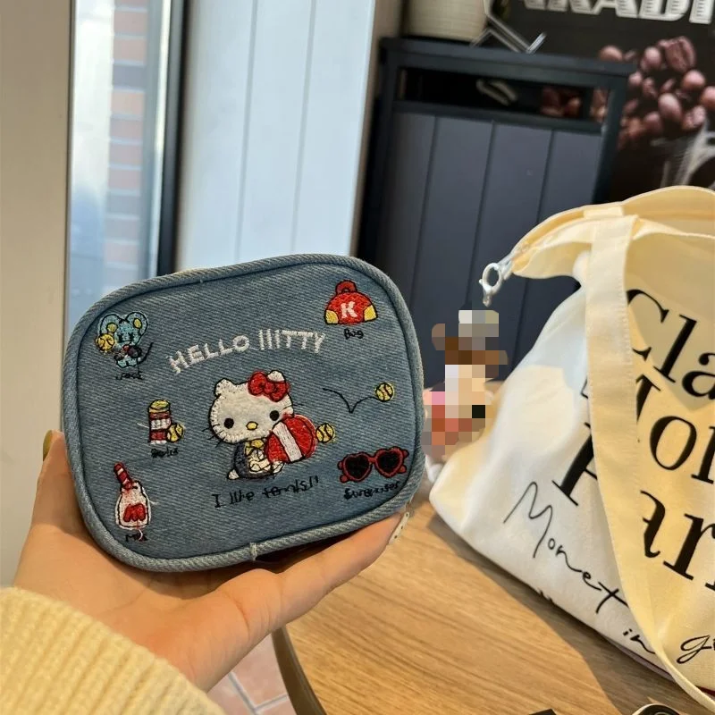 Hello Kitty retro kawaii cute printed denim embroidery large capacity small square bag travel cosmetics miscellaneous storagebag