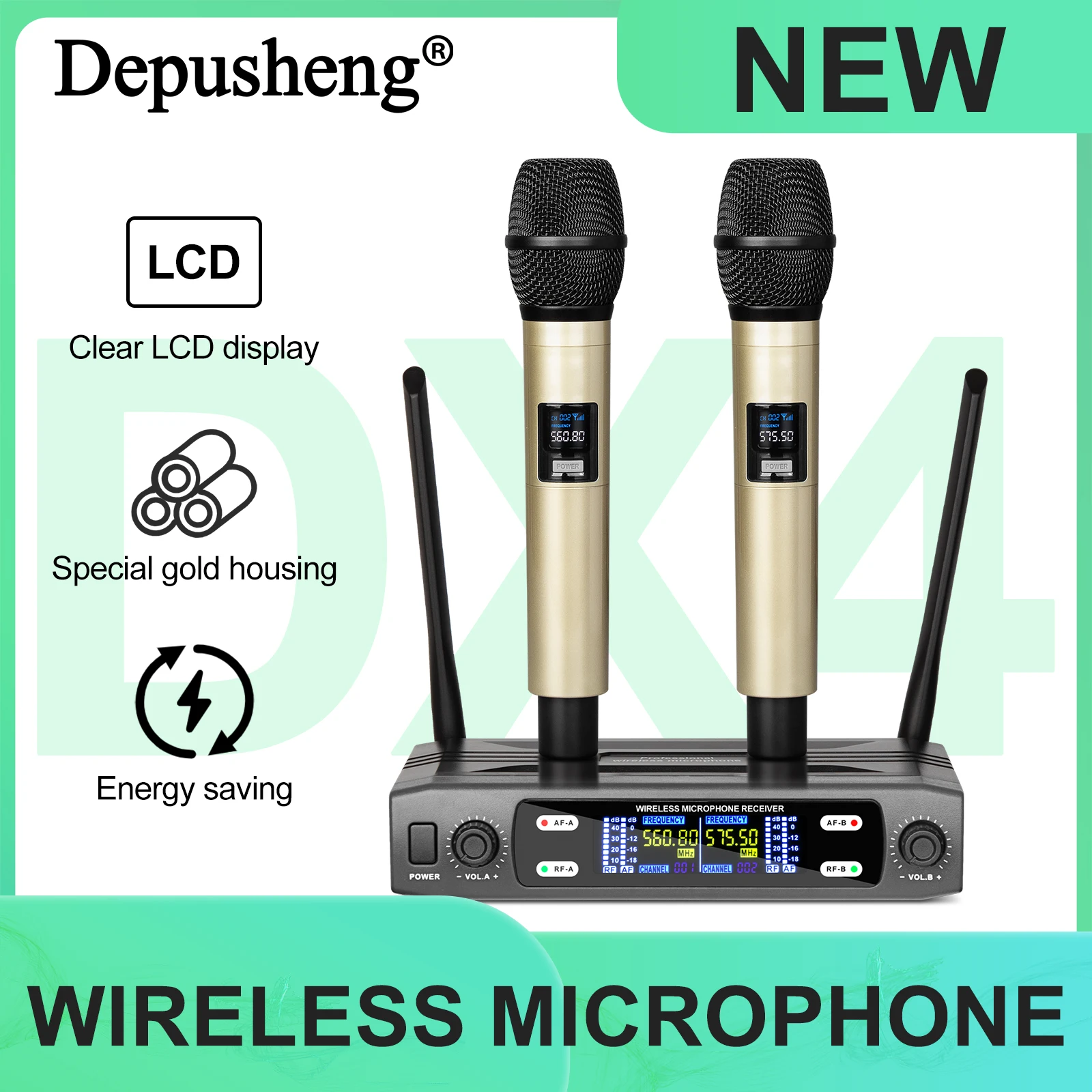 Depusheng Wireless Microphone System Dual Channel UHF Fixed Frequency Cordless Handheld Dynamic Mic For Karaoke Party Church