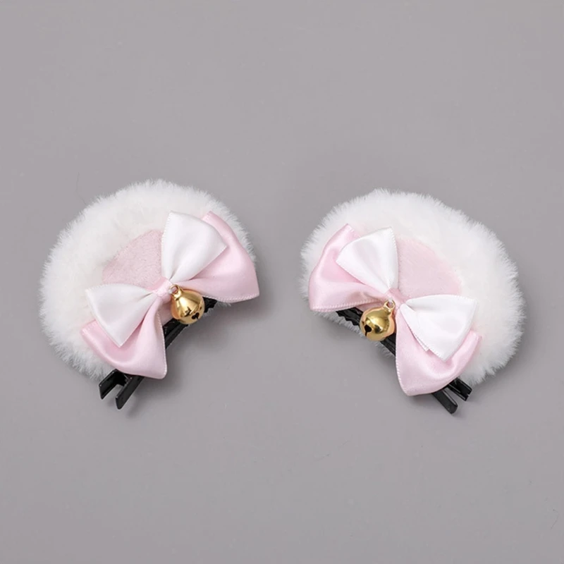 Handmade Faux Fur Round Bear Ears Hair Clip Sweet Double Bowknot Plush Animal Hairpins Anime Cosplay Hair