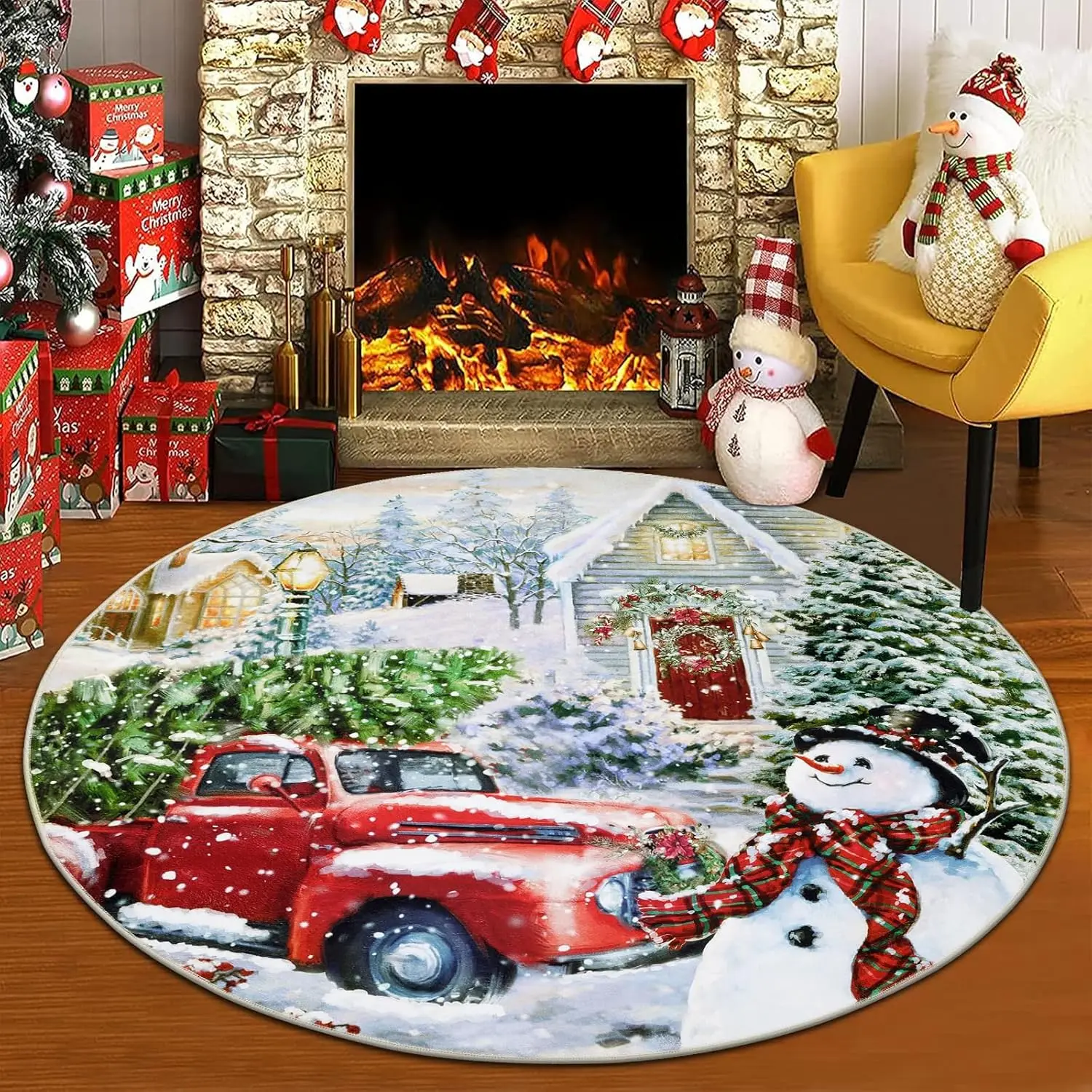

Винтажный рождественский круглый ковер «Снежная деревня» — нескользящий праздничный декор для пола с принтом снеговика и грузовика для дома