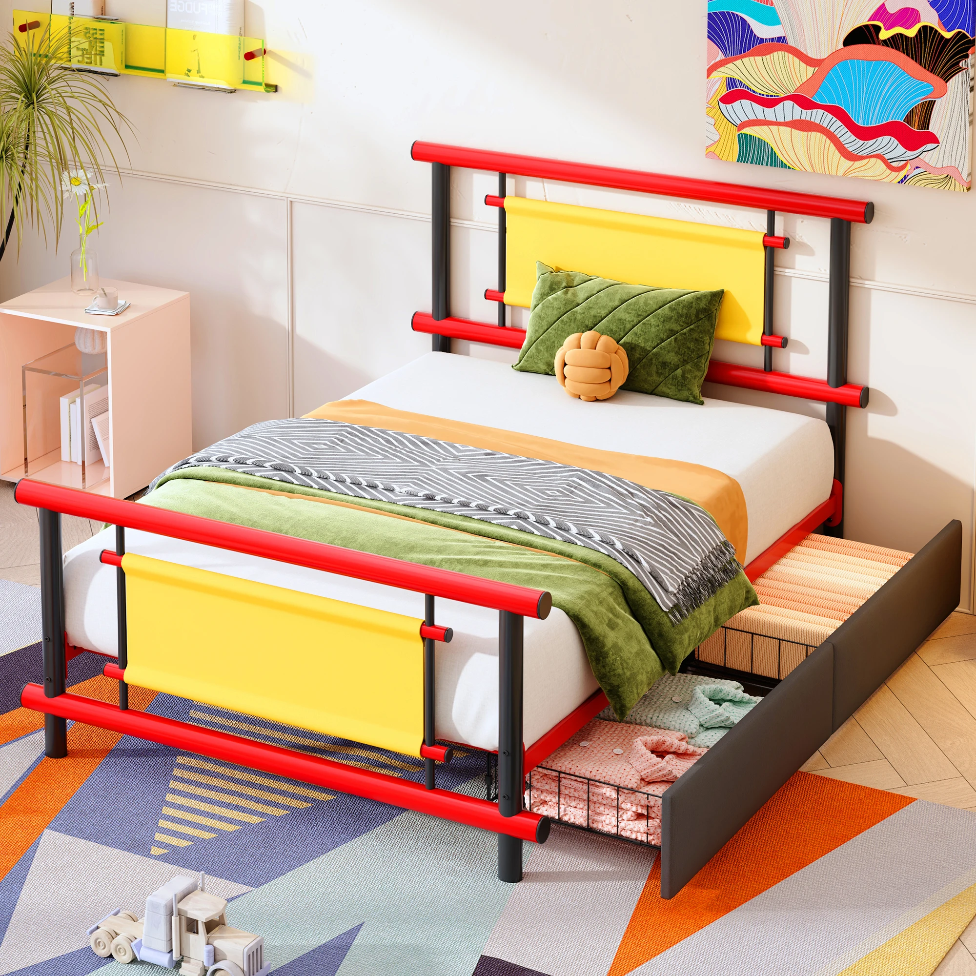 Lit plateforme en métal pour enfants avec tiroirs de rangement, construction robuste en acier, lit simple aux couleurs vives pour chambre de garçons et de filles