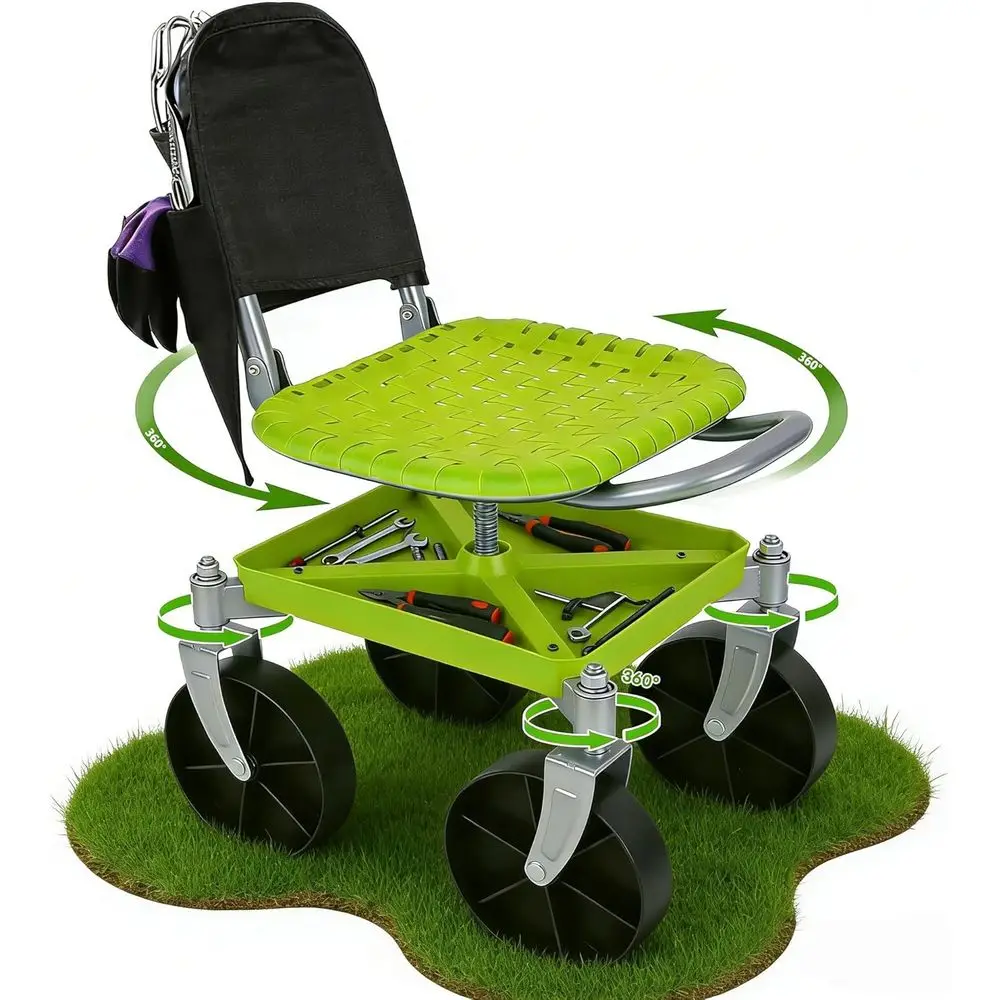 360° Swivel Garden Stool with Rolling Cart, Adjustable Height, Storage Pouch & Tray, Ideal for Gardening Enthusiasts