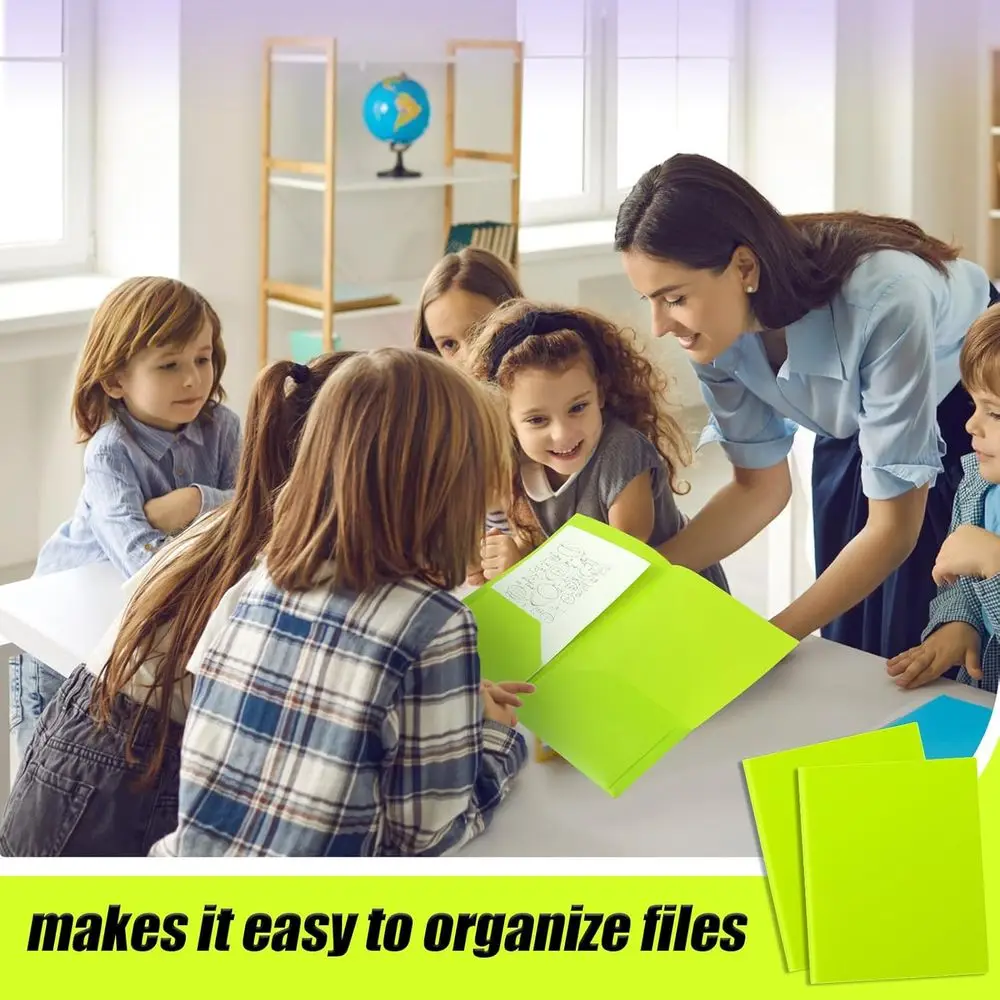 Pastas de arquivo de plástico resistentes de 100 peças, 2 bolsos, tamanho carta, portfolios duráveis para casa, escritório, escola, verde limão