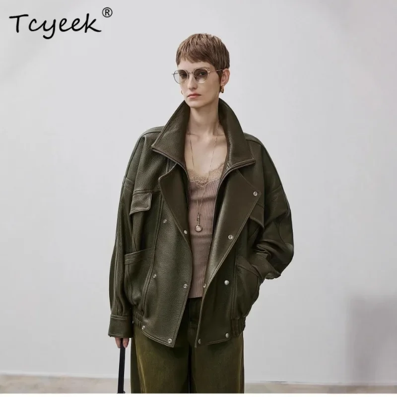 Tcyeek 100% Sheepskin Womens Jackets Motorcycle Real Leather Jacket Women Autumn Clothes Double Collar Loose Casaco Feminino