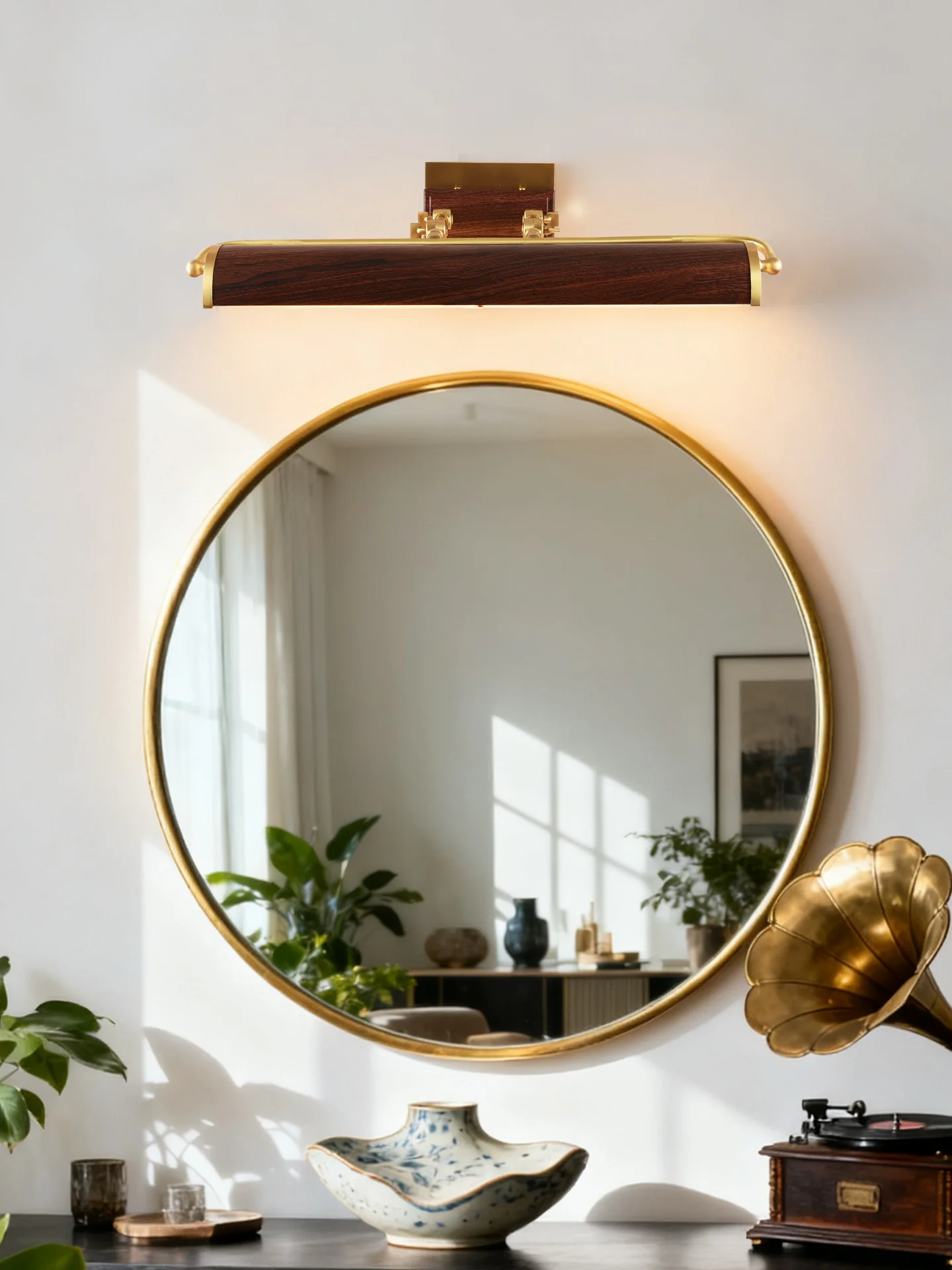 Japanese-style Retro bathroom mirror light，Brass wall lamp，Chinese style wood grain wall lamp，living room picture light