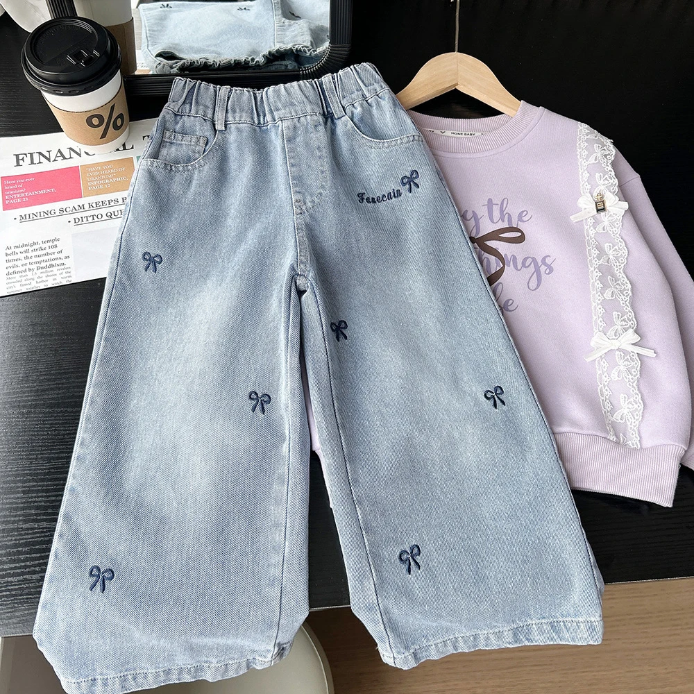 

Весенне-осенние джинсы с вышивкой и бантом для девочек, свободные широкие брюки с эластичной резинкой на талии, повседневные прямые джинсовые брюки, детские брюки