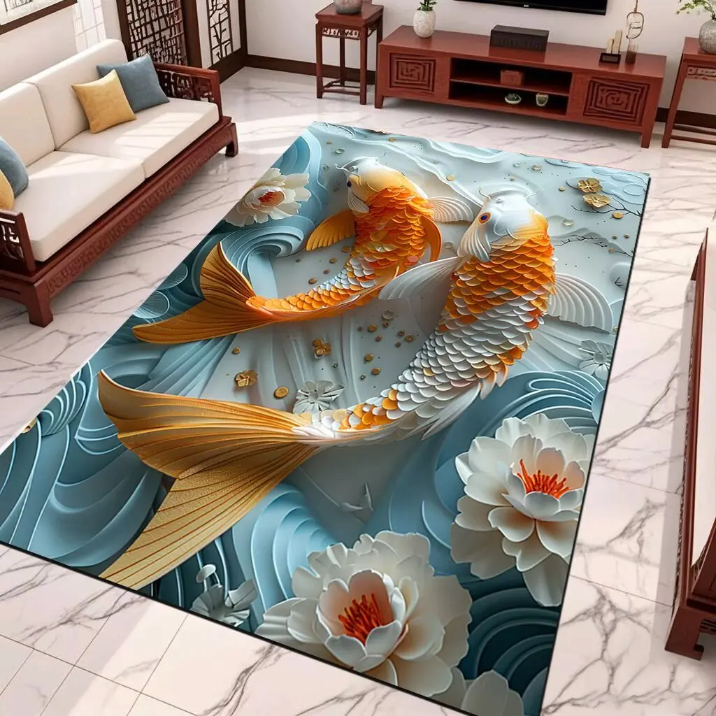 Chinese 3D Lotus Koi Pattern Living Room Sofa Carpet Decoration Home Non-slip Washable Bedroom Floor Mats Soft Fluffy Study Rug